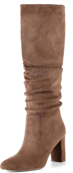 Soft Slouchy Knee High Boots Chunky Heel Slip On Vegan Suede Dress Boots Wide Shaft Relaxed Fit