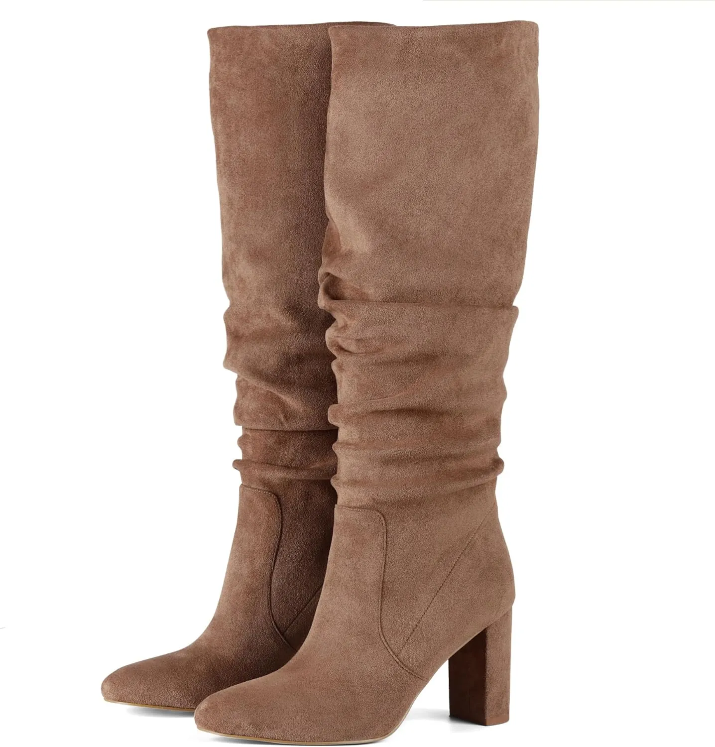 Soft Slouchy Knee High Boots Chunky Heel Slip On Vegan Suede Dress Boots Wide Shaft Relaxed Fit