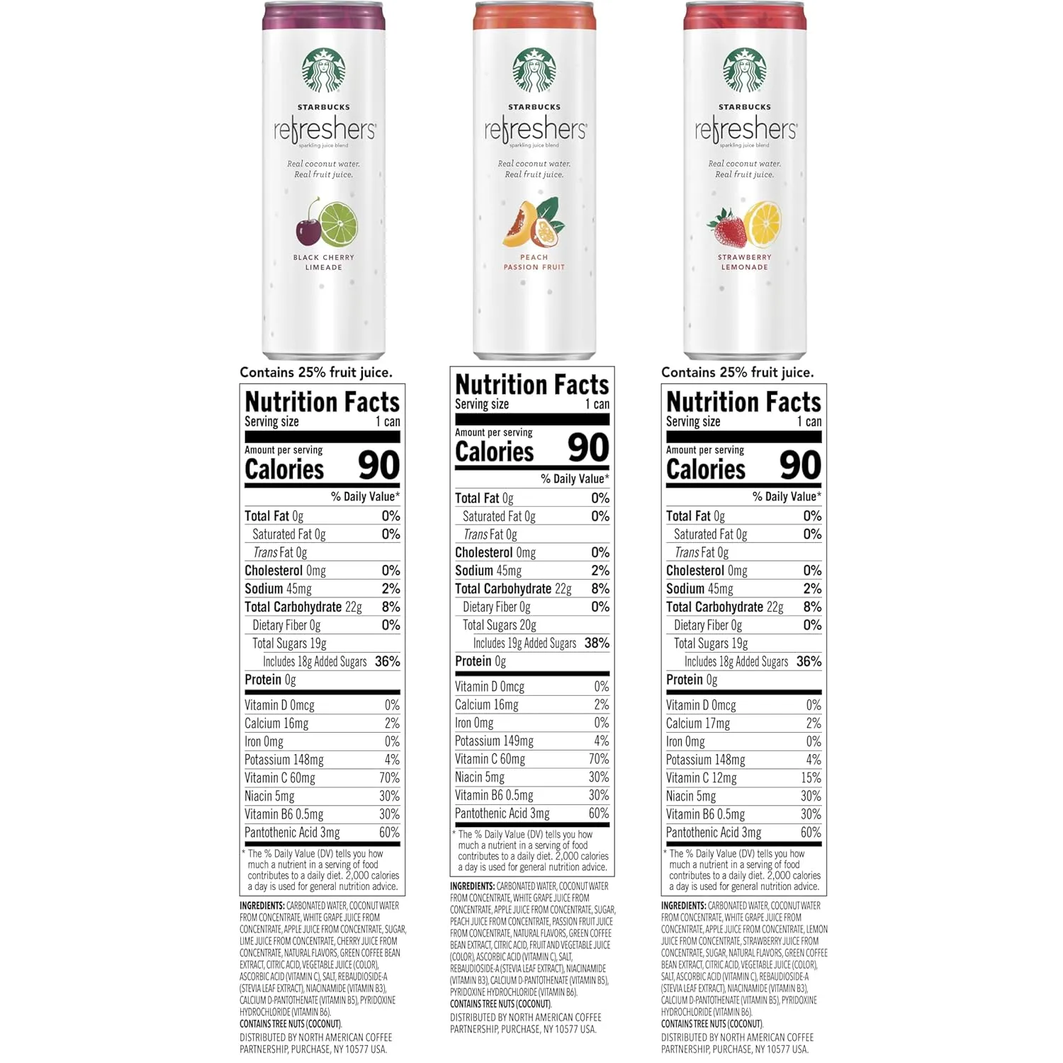Starbucks Refreshers, 3 Flavor Variety Pack (Peach,Cherry, Stw Lmd), 12 Ounce Sleek Cans (Pack of 12)