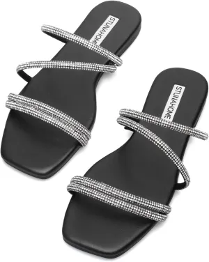 STUNAHOME Women's Rhinestone Thong Flat Sandals Open Toe Slide Sandals with Square Toe Bling Strap