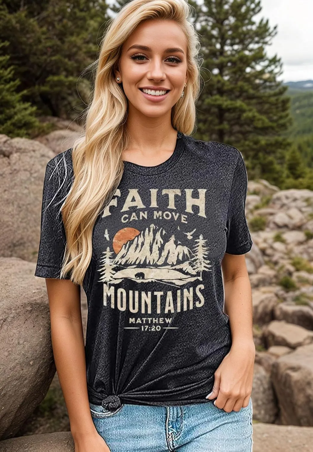 Sun and Mountain Shirt for Women Camping Hiking Shirt Sunrise Pine Tree Graphic Tees Nature Casual Short Sleeve Shirt