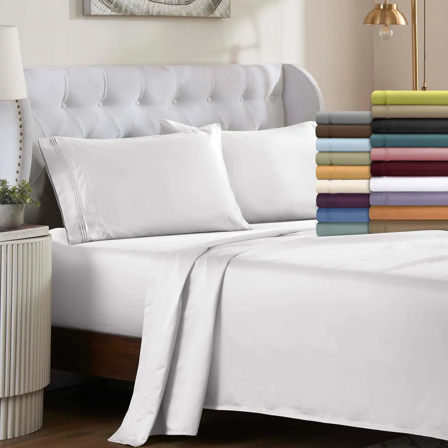 Superior Egyptian Cotton 4 Piece Sheet Set, 650 Thread Count, Modern Design, Sustainable Sheets, Ultra-Soft Basics, Solid, Deep Pocket Fitted Sheet, Flat Sheet, Pillowcases, Queen, Ivory