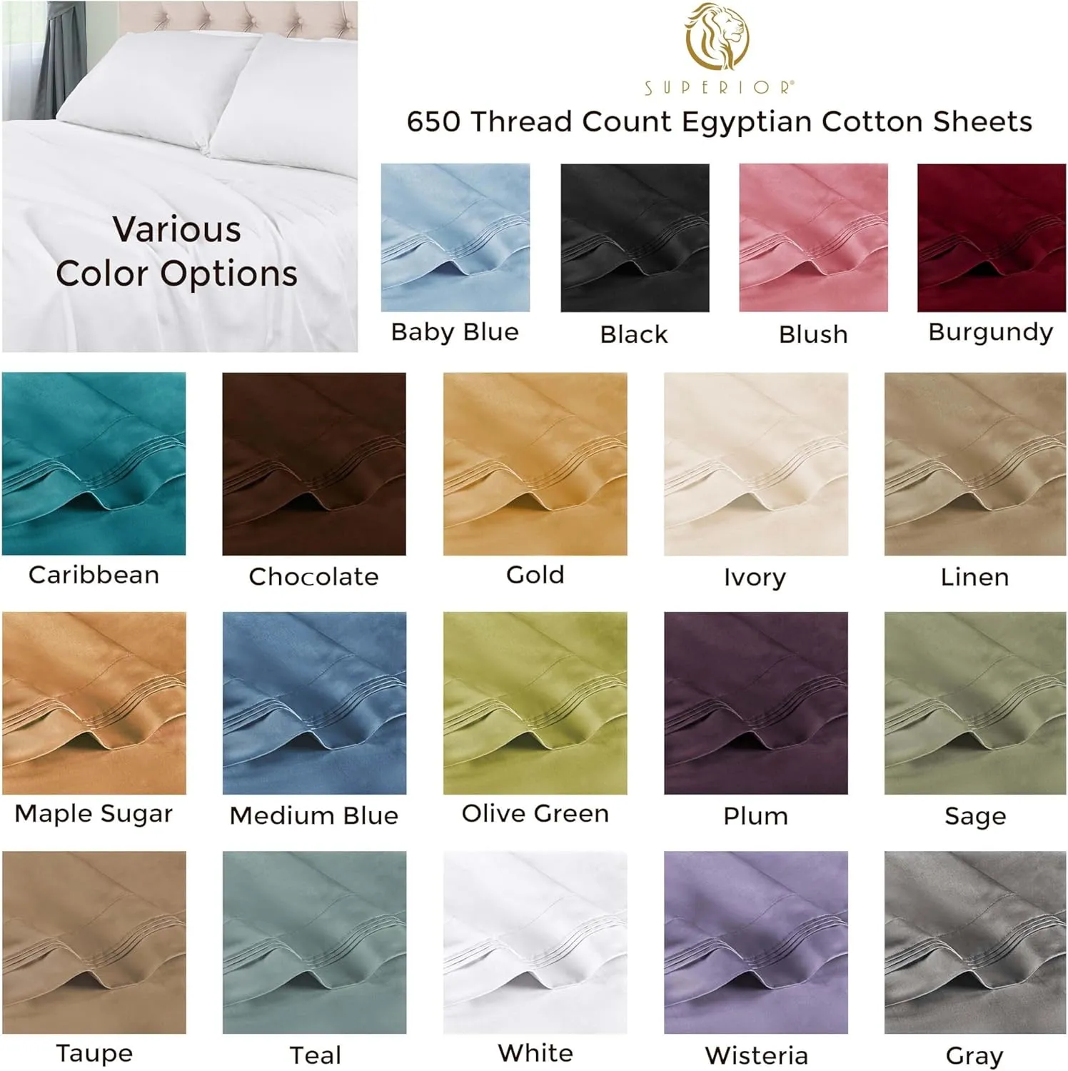 Superior Egyptian Cotton 4 Piece Sheet Set, 650 Thread Count, Modern Design, Sustainable Sheets, Ultra-Soft Basics, Solid, Deep Pocket Fitted Sheet, Flat Sheet, Pillowcases, Queen, Ivory