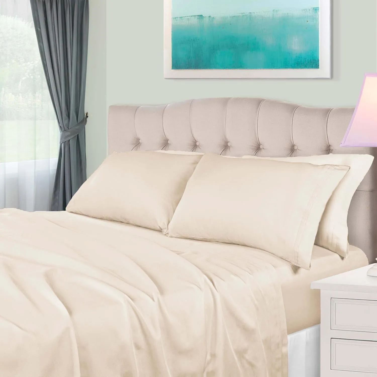 Superior Egyptian Cotton 4 Piece Sheet Set, 650 Thread Count, Modern Design, Sustainable Sheets, Ultra-Soft Basics, Solid, Deep Pocket Fitted Sheet, Flat Sheet, Pillowcases, Queen, Ivory