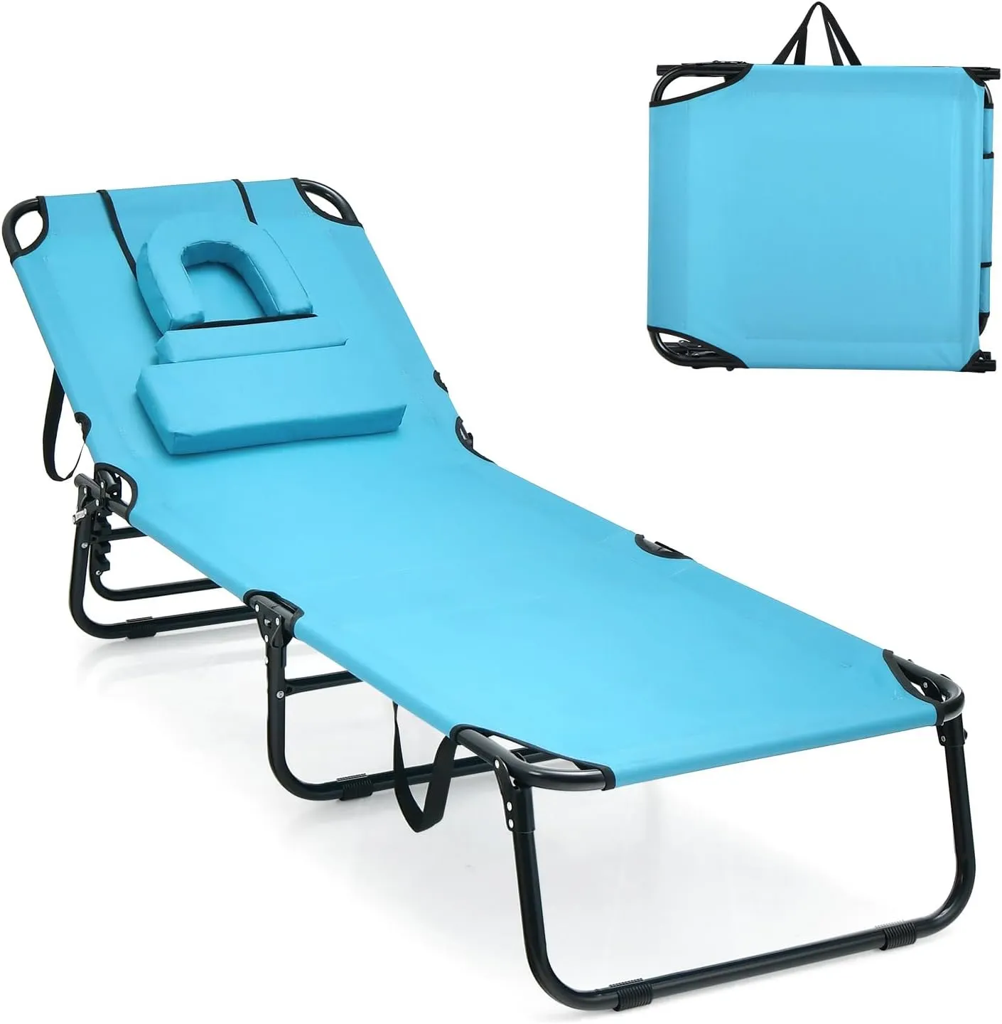 Tangkula Beach Lounge Chair, Folding Sunbathing Recliner with Face Hole, Face Down Tanning Chair with 5-Level Adjustable Backrest & 3 Removable Pillows, Chaise Lounge Chair for Patio (1, Turquoise)