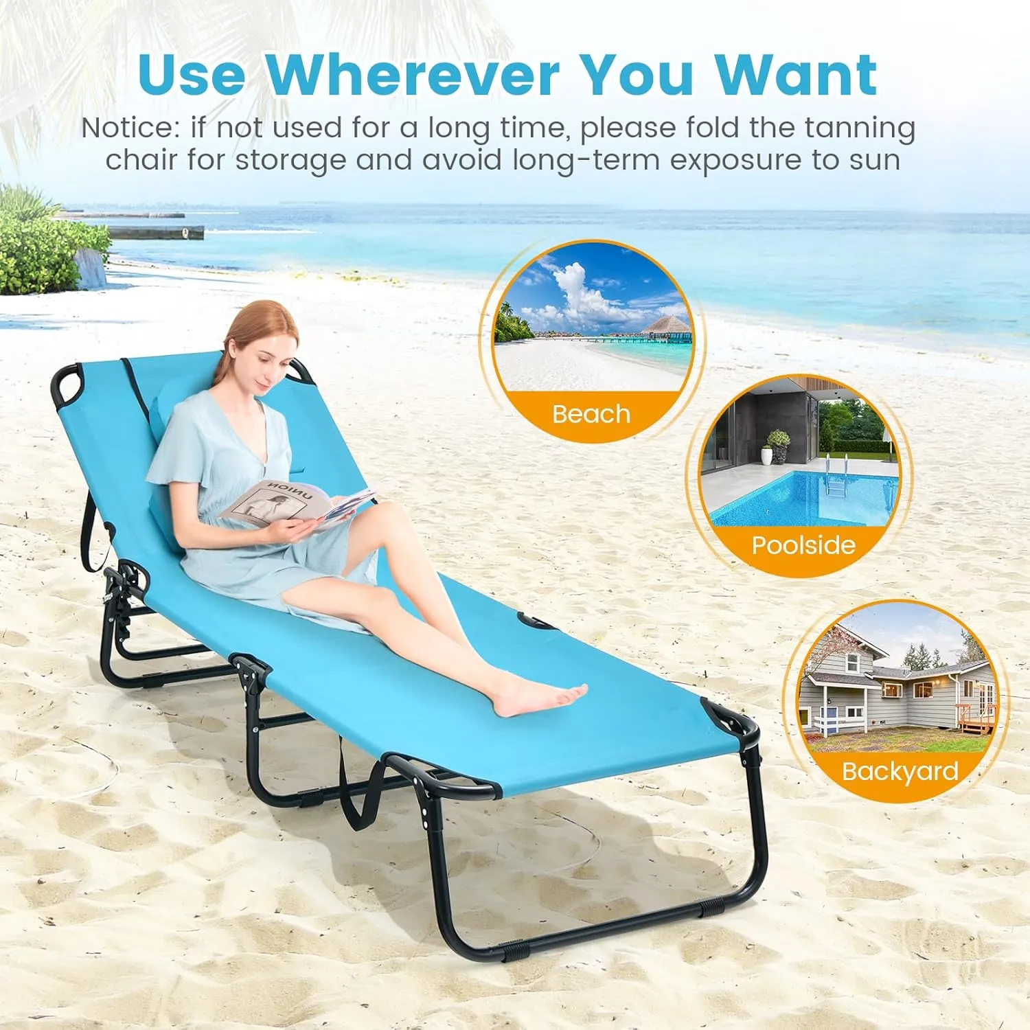 Tangkula Beach Lounge Chair, Folding Sunbathing Recliner with Face Hole, Face Down Tanning Chair with 5-Level Adjustable Backrest & 3 Removable Pillows, Chaise Lounge Chair for Patio (1, Turquoise)