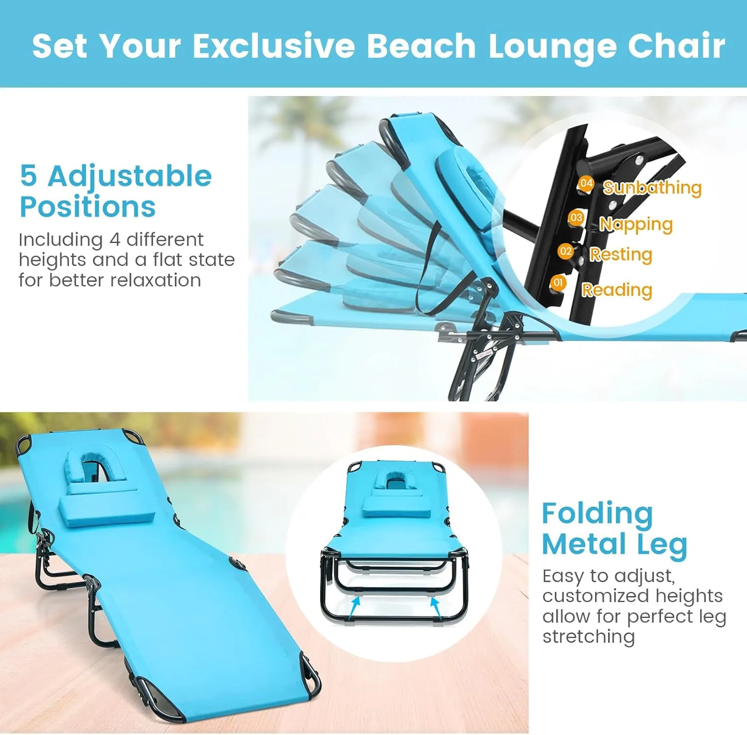 Tangkula Beach Lounge Chair, Folding Sunbathing Recliner with Face Hole, Face Down Tanning Chair with 5-Level Adjustable Backrest & 3 Removable Pillows, Chaise Lounge Chair for Patio (1, Turquoise)