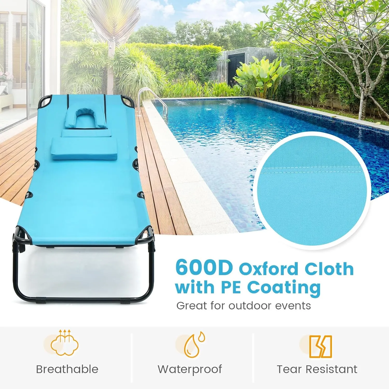 Tangkula Beach Lounge Chair, Folding Sunbathing Recliner with Face Hole, Face Down Tanning Chair with 5-Level Adjustable Backrest & 3 Removable Pillows, Chaise Lounge Chair for Patio (1, Turquoise)
