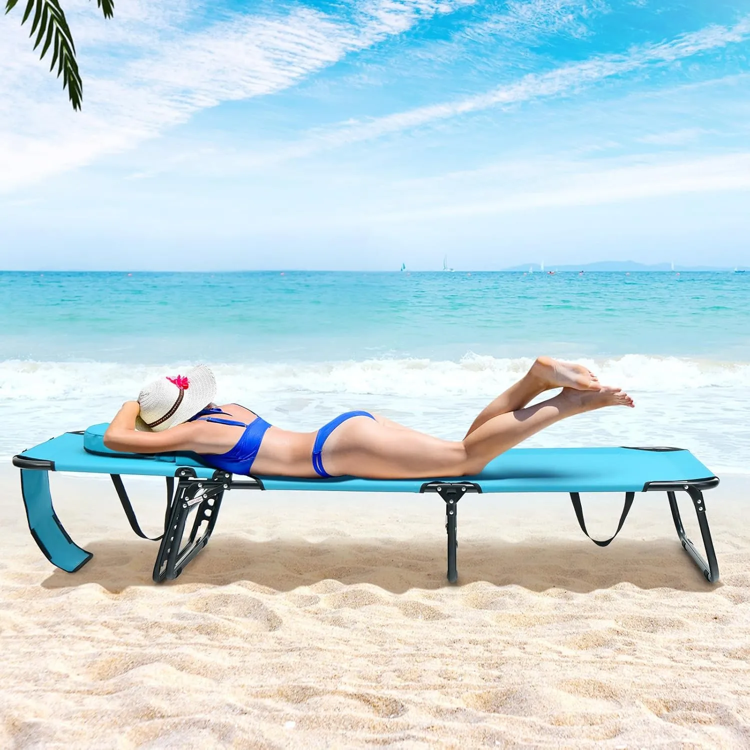 Tangkula Beach Lounge Chair, Folding Sunbathing Recliner with Face Hole, Face Down Tanning Chair with 5-Level Adjustable Backrest & 3 Removable Pillows, Chaise Lounge Chair for Patio (1, Turquoise)