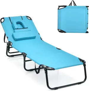 Tangkula Beach Lounge Chair, Folding Sunbathing Recliner with Face Hole, Face Down Tanning Chair with 5-Level Adjustable Backrest & 3 Removable Pillows, Chaise Lounge Chair for Patio (1, Turquoise)