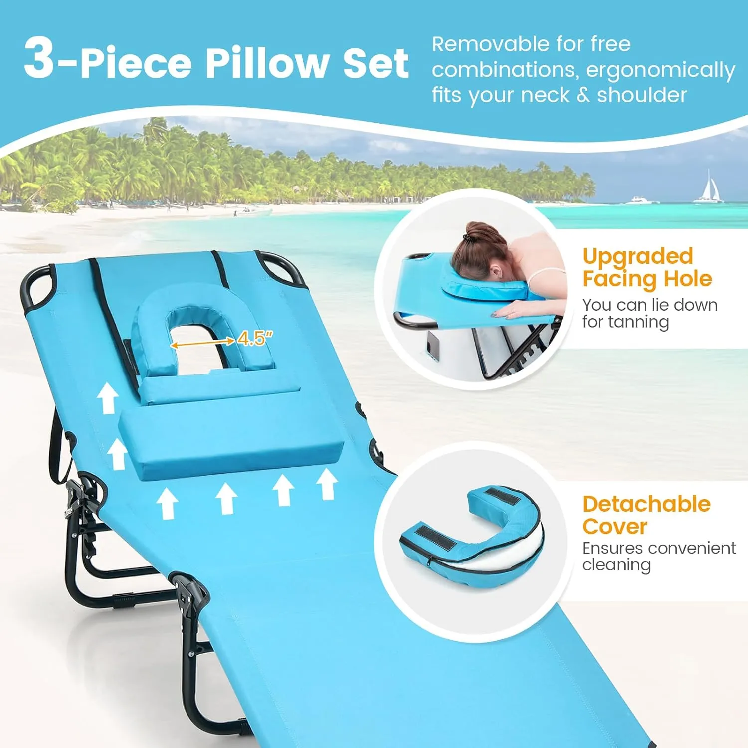 Tangkula Beach Lounge Chair, Folding Sunbathing Recliner with Face Hole, Face Down Tanning Chair with 5-Level Adjustable Backrest & 3 Removable Pillows, Chaise Lounge Chair for Patio (1, Turquoise)