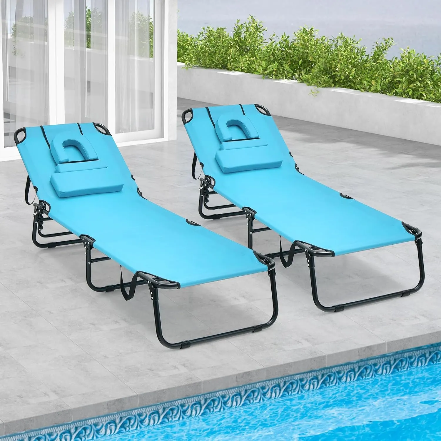 Tangkula Beach Lounge Chair, Folding Sunbathing Recliner with Face Hole, Face Down Tanning Chair with 5-Level Adjustable Backrest & 3 Removable Pillows, Chaise Lounge Chair for Patio (1, Turquoise)