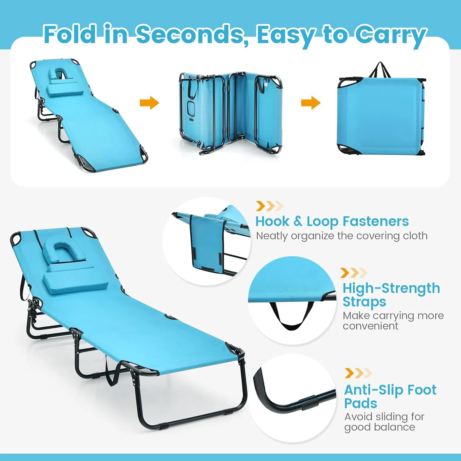 Tangkula Beach Lounge Chair, Folding Sunbathing Recliner with Face Hole, Face Down Tanning Chair with 5-Level Adjustable Backrest & 3 Removable Pillows, Chaise Lounge Chair for Patio (1, Turquoise)