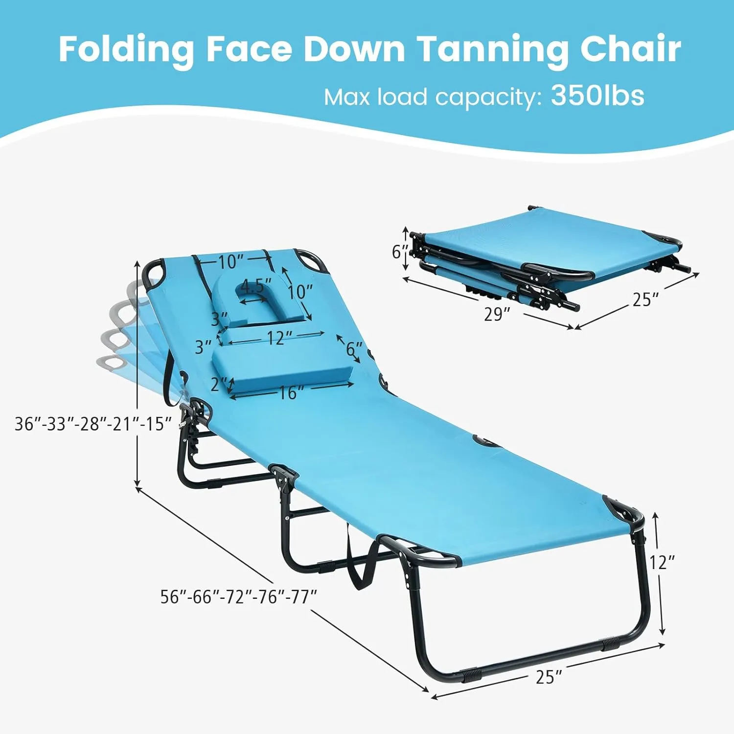 Tangkula Beach Lounge Chair, Folding Sunbathing Recliner with Face Hole, Face Down Tanning Chair with 5-Level Adjustable Backrest & 3 Removable Pillows, Chaise Lounge Chair for Patio (1, Turquoise)