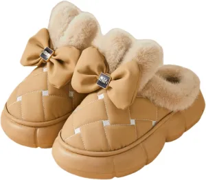 Thick Sole Fluffy Slippers for women, Winter Women's Waterproof & Warm Slippers with Bow Decor, Soft Fleece and Stylish Design Fuzzy Slippers