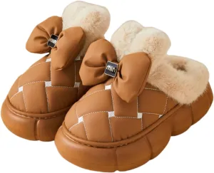 Thick Sole Fluffy Slippers for women, Winter Women's Waterproof & Warm Slippers with Bow Decor, Soft Fleece and Stylish Design Fuzzy Slippers