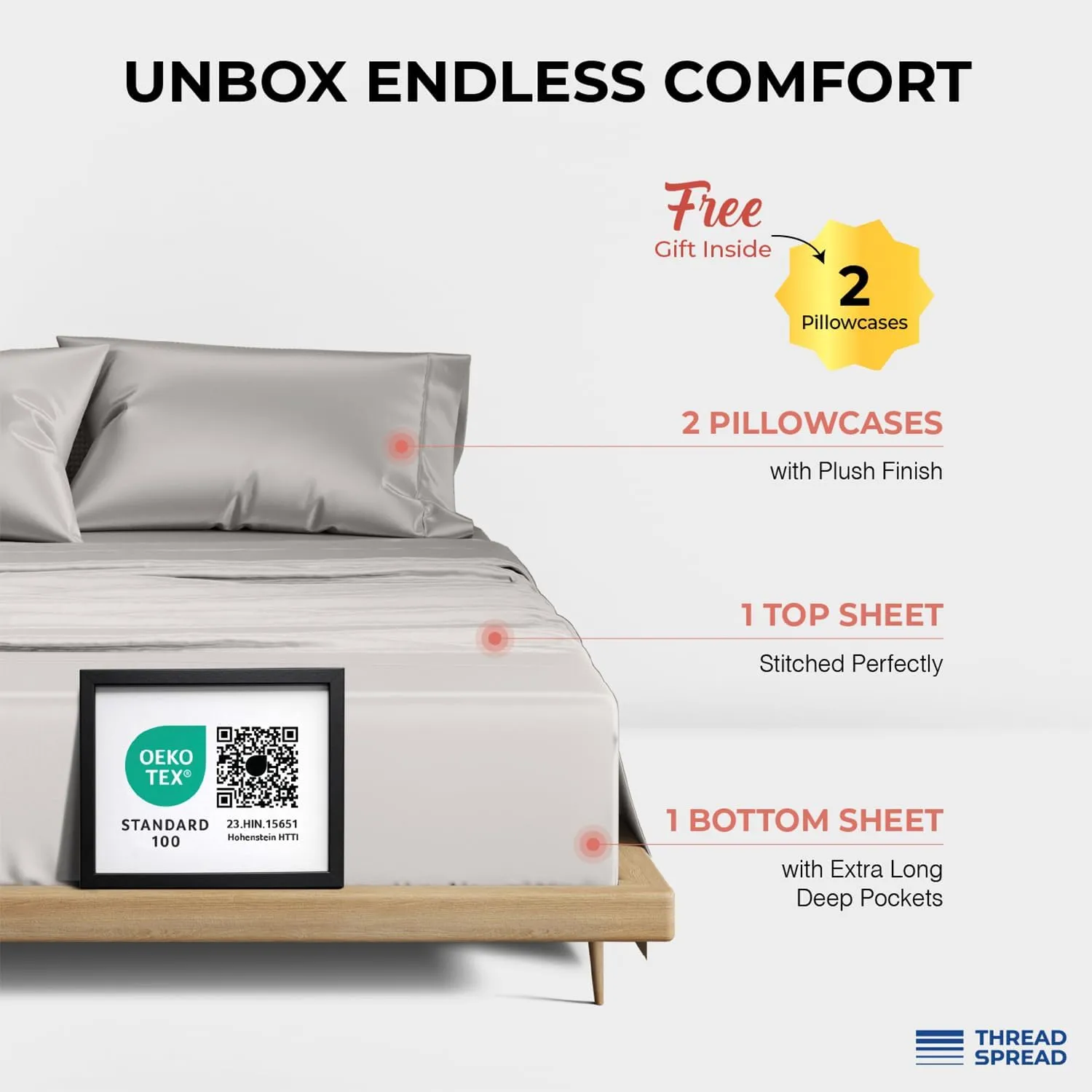 THREAD SPREAD 100% Egyptian Cotton Sheets Queen Size - 1200 Thread Count 4 PC Queen Sheet Set Egyptian Cotton, Sateen Luxury Sheets Queen Size, High Thread Count Sheets, 17" Deep Pocket - Light Grey