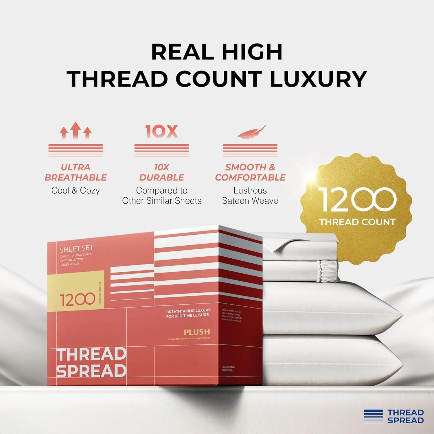 THREAD SPREAD 100% Egyptian Cotton Sheets Queen Size - 1200 Thread Count 4 PC Queen Sheet Set Egyptian Cotton, Sateen Luxury Sheets Queen Size, High Thread Count Sheets, 17" Deep Pocket - Light Grey