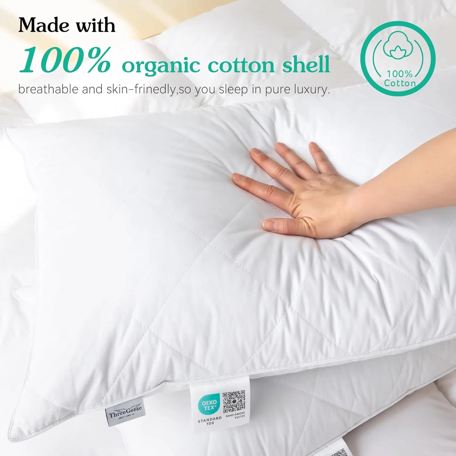 Three Geese Pack of 2 White Goose Feather and Polyester Bed Pillows King Size- Soft 600 Thread Count 100% Cotton, Medium Firm,Soft Support,White Solid