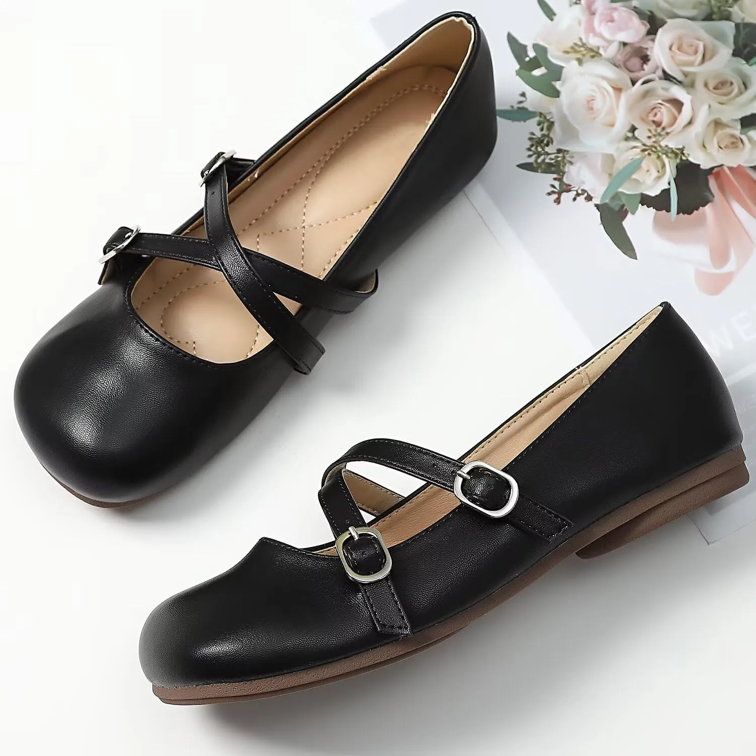 TN TANGNEST Women's Ballet Flats Retro Mary Jane Shoes for Women Cute Square Toe Buckle Dress Flats Soft Work Flats