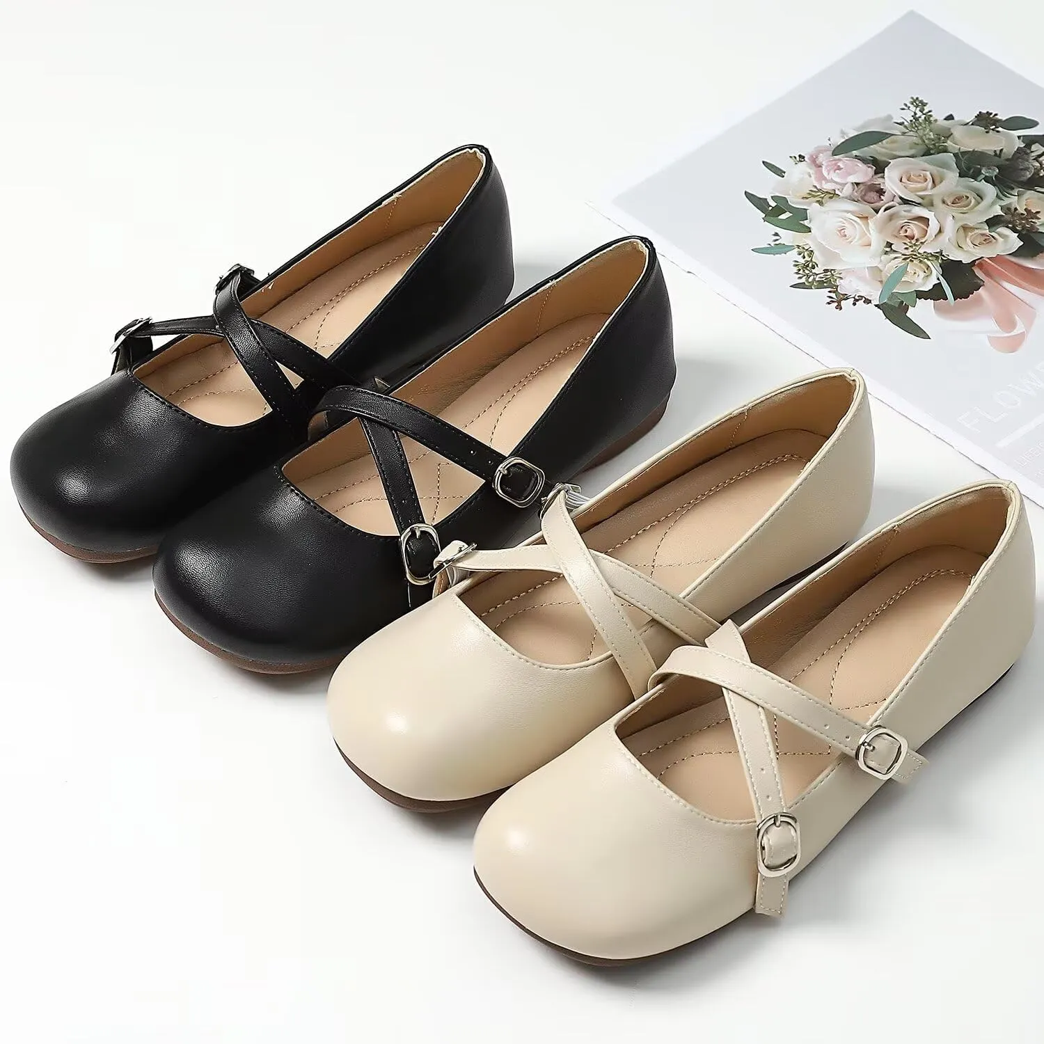 TN TANGNEST Women's Ballet Flats Retro Mary Jane Shoes for Women Cute Square Toe Buckle Dress Flats Soft Work Flats