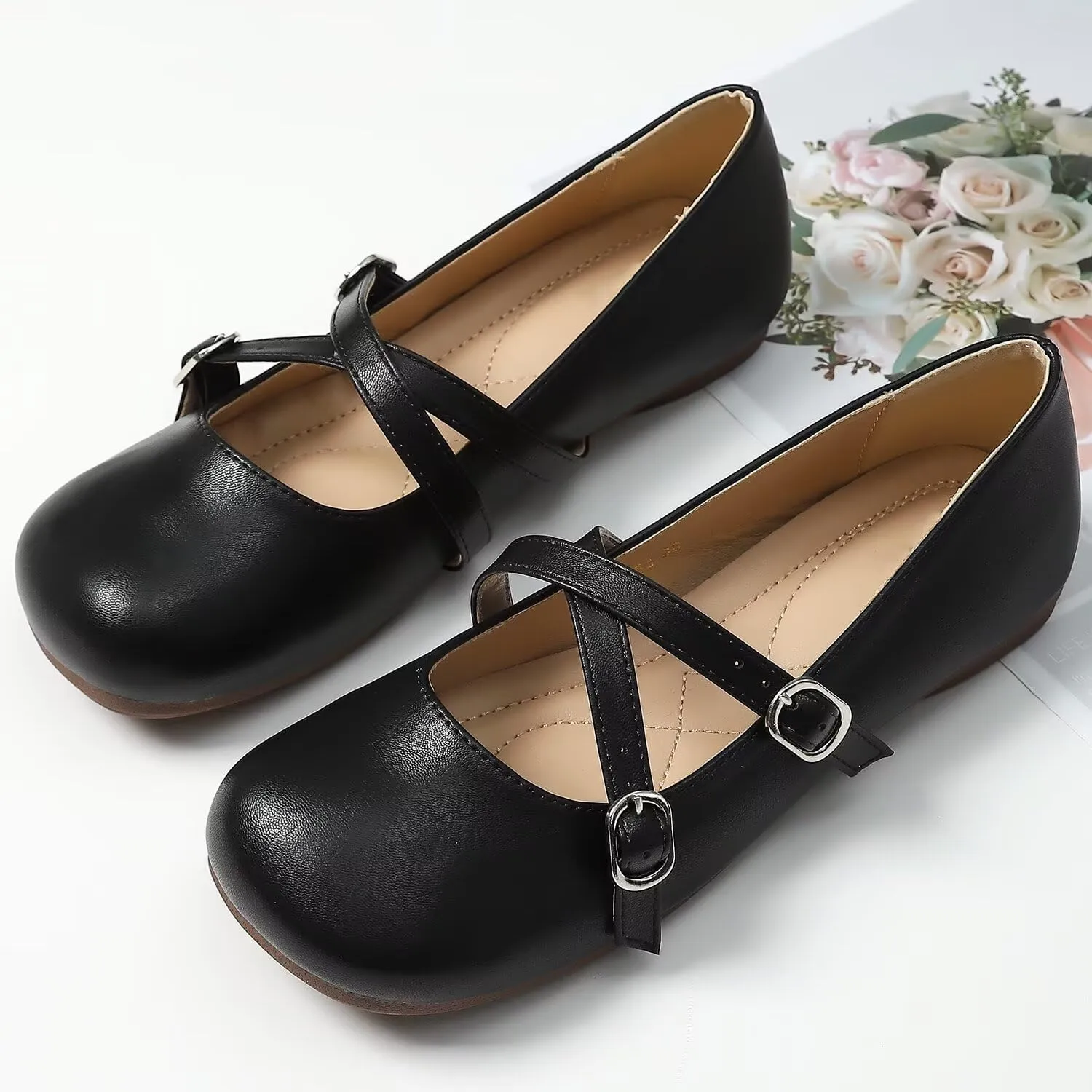 TN TANGNEST Women's Ballet Flats Retro Mary Jane Shoes for Women Cute Square Toe Buckle Dress Flats Soft Work Flats