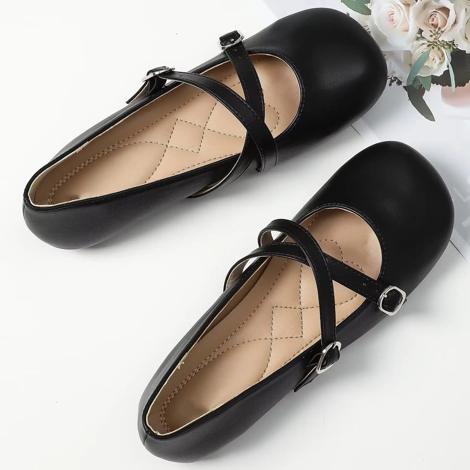 TN TANGNEST Women's Ballet Flats Retro Mary Jane Shoes for Women Cute Square Toe Buckle Dress Flats Soft Work Flats
