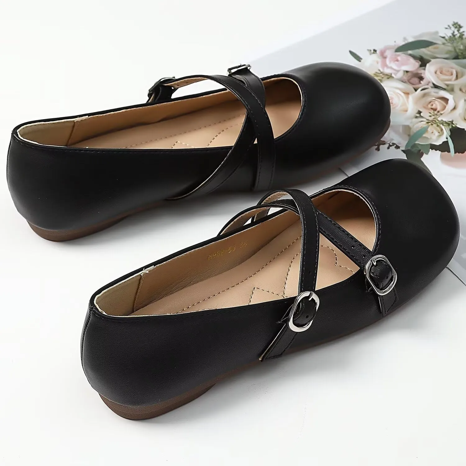 TN TANGNEST Women's Ballet Flats Retro Mary Jane Shoes for Women Cute Square Toe Buckle Dress Flats Soft Work Flats