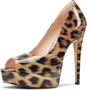 TNYNFBEB Peep Open Toe Stiletto High Platform Heel Pumps Slip-on Prom Party Dress Patent Leather 5.3 Inches Heels