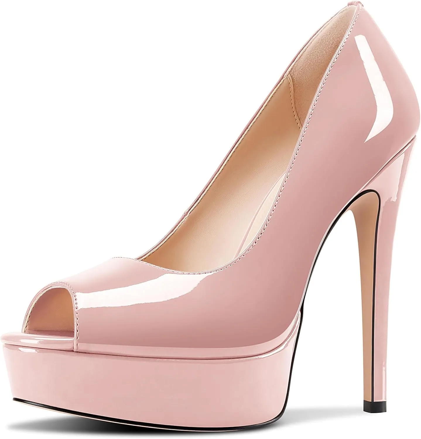 TNYNFBEB Peep Open Toe Stiletto High Platform Heel Pumps Slip-on Prom Party Dress Patent Leather 5.3 Inches Heels