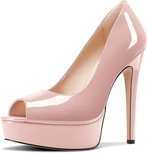 TNYNFBEB Peep Open Toe Stiletto High Platform Heel Pumps Slip-on Prom Party Dress Patent Leather 5.3 Inches Heels