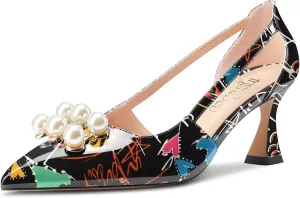 TNYNFBEB Women Chunky Block Mid Heel Close Pointed Toe Pumps Slip-on Rhinestone Crystal Party Cute 2.6 Inches Heels