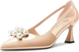 TNYNFBEB Women Chunky Block Mid Heel Close Pointed Toe Pumps Slip-on Rhinestone Crystal Party Cute 2.6 Inches Heels