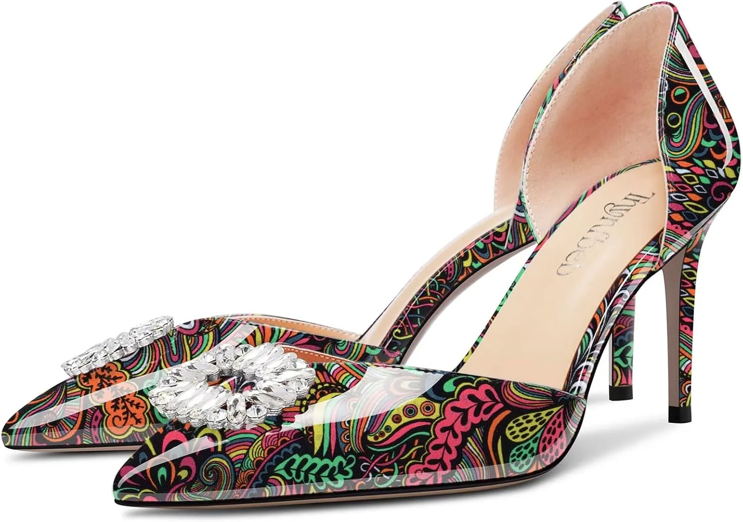 TNYNFBEB Women Mid Heel Close Pointed Toe Pumps Slip-on Rhinestone Crystal Wedding Party Cute Basic Classic 3.2 Inches Heels