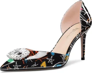 TNYNFBEB Women Mid Heel Close Pointed Toe Pumps Slip-on Rhinestone Crystal Wedding Party Cute Basic Classic 3.2 Inches Heels