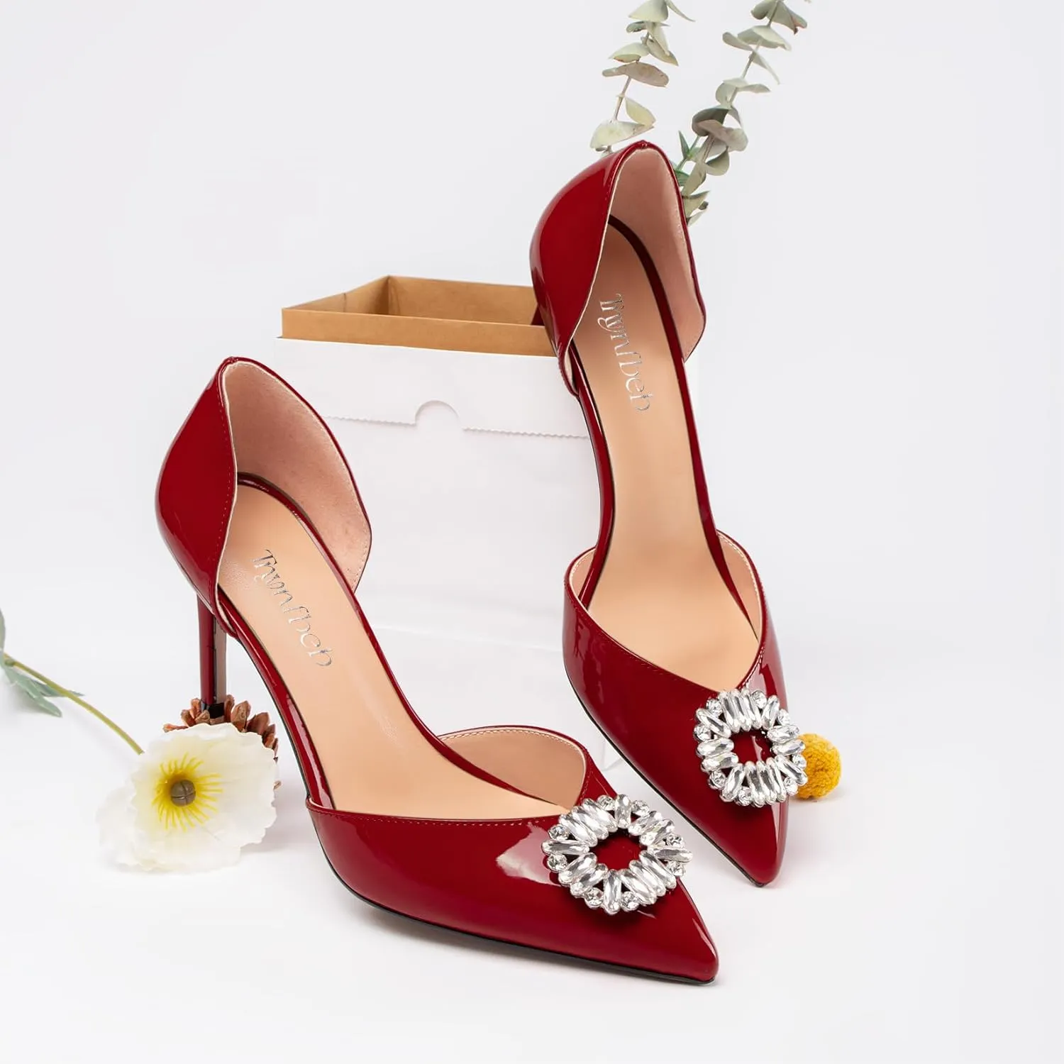 TNYNFBEB Women Mid Heel Close Pointed Toe Pumps Slip-on Rhinestone Crystal Wedding Party Cute Basic Classic 3.2 Inches Heels