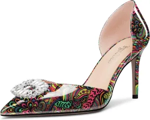 TNYNFBEB Women Mid Heel Close Pointed Toe Pumps Slip-on Rhinestone Crystal Wedding Party Cute Basic Classic 3.2 Inches Heels