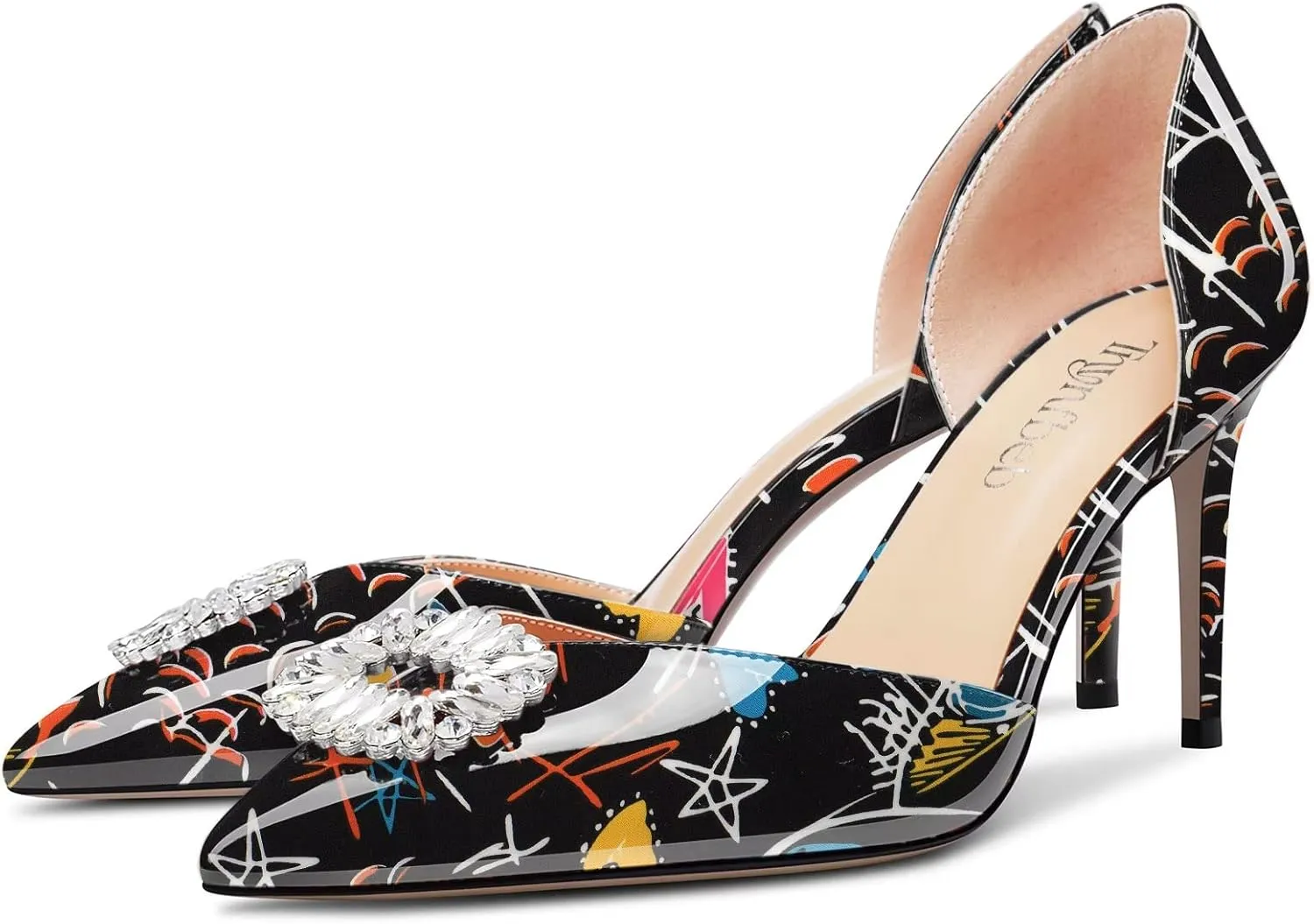 TNYNFBEB Women Mid Heel Close Pointed Toe Pumps Slip-on Rhinestone Crystal Wedding Party Cute Basic Classic 3.2 Inches Heels