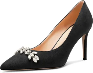 TNYNFBEB Womens Mid Heel Pointed Toe Pumps Slip-on Rhinestone Crystal Prom Wedding Summer Basic Classic Cute 3.2 Inches Heels