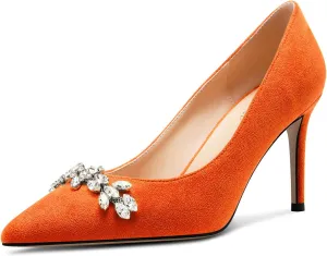 TNYNFBEB Womens Mid Heel Pointed Toe Pumps Slip-on Rhinestone Crystal Prom Wedding Summer Basic Classic Cute 3.2 Inches Heels