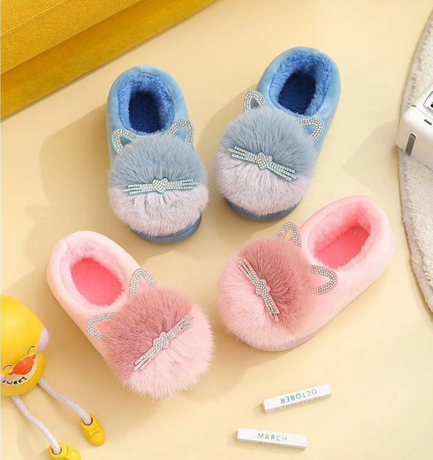 Toddler Slippers Fuzzy Girls Kids Slippers Cute Cat House Slipper Fluffy Slipper Cartoon Plush Slipper Winter Warm Kids Shoes, F-GY-CTX020