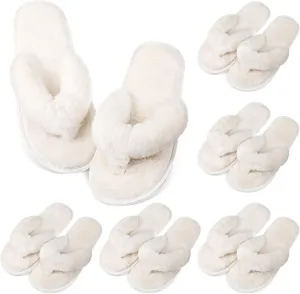 Toulite Bridesmaid Slippers Set of 6 White Fuzzy Slippers for Women Bulk Fluffy Furry Open Toe Soft House Shoes