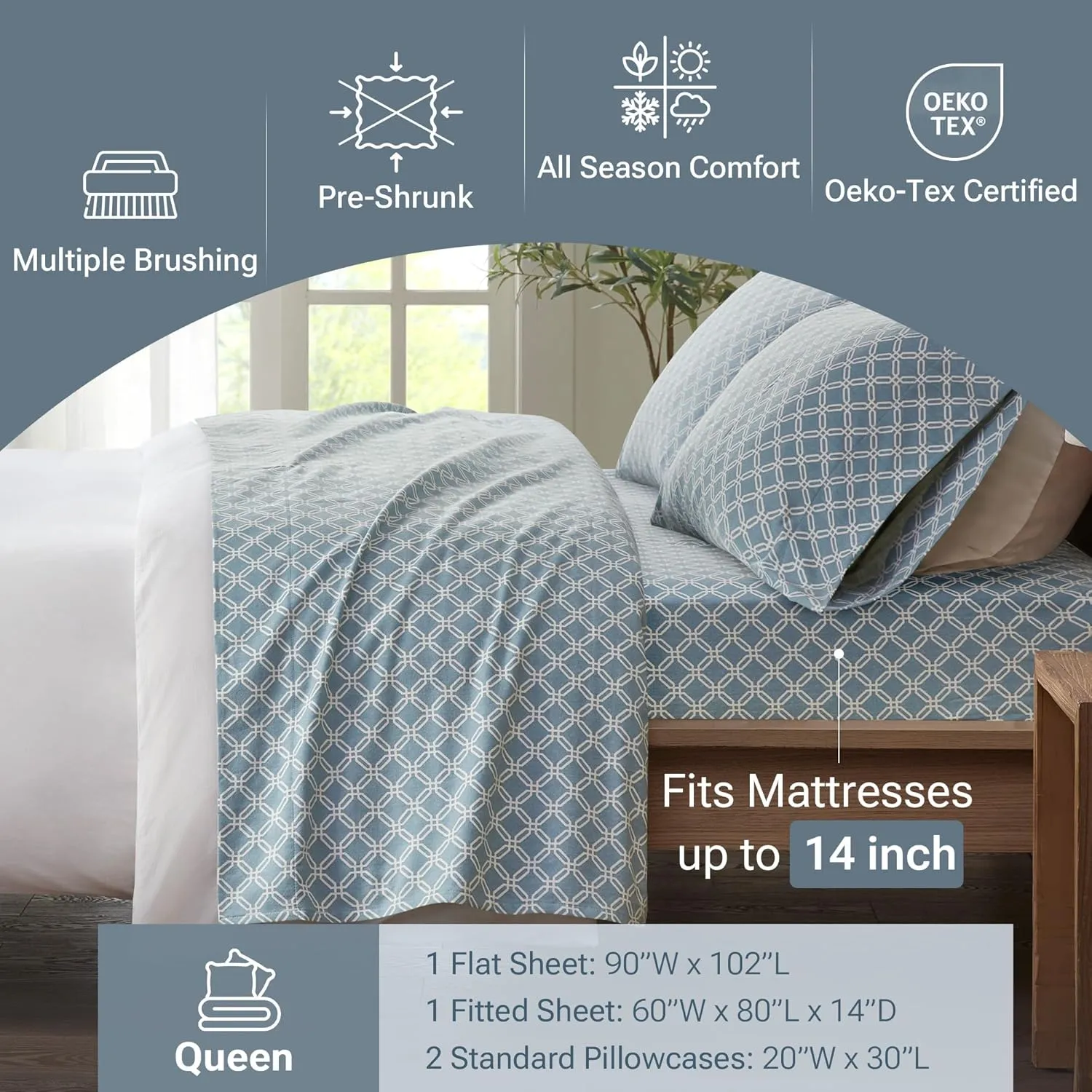 True North by Sleep Philosophy Cozy Flannel Warm 100% Cotton Sheet - Novelty Print Animals Stars Cute Ultra Soft Cold Weather Bedding Set, Queen, Blue Geo 4 Piece