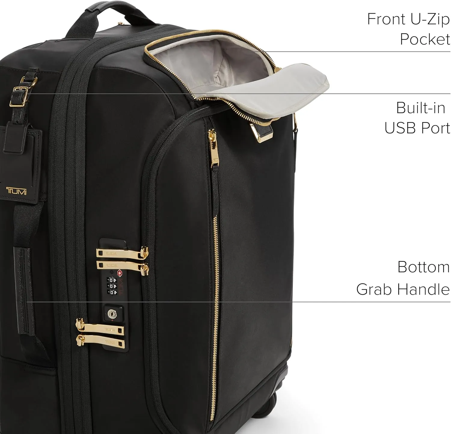 TUMI - Voyageur Leger 4 Wheel Carry-On Luggage - Lightweight and Spacious, Sleek Silhouette, Durable Women's Suitcase - 21.8" Continental Expandable Carry-On, Black with Gold Hardware
