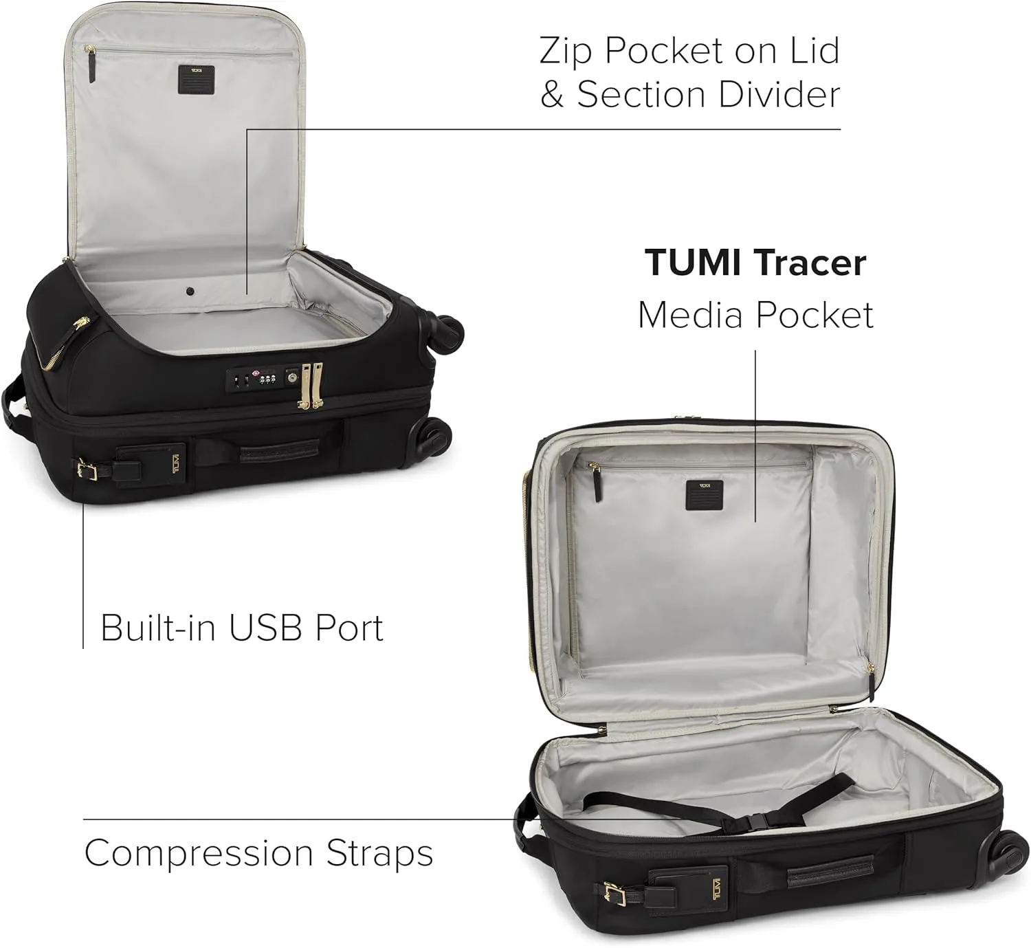 TUMI - Voyageur Leger 4 Wheel Carry-On Luggage - Lightweight and Spacious, Sleek Silhouette, Durable Women's Suitcase - 21.8" Continental Expandable Carry-On, Black with Gold Hardware