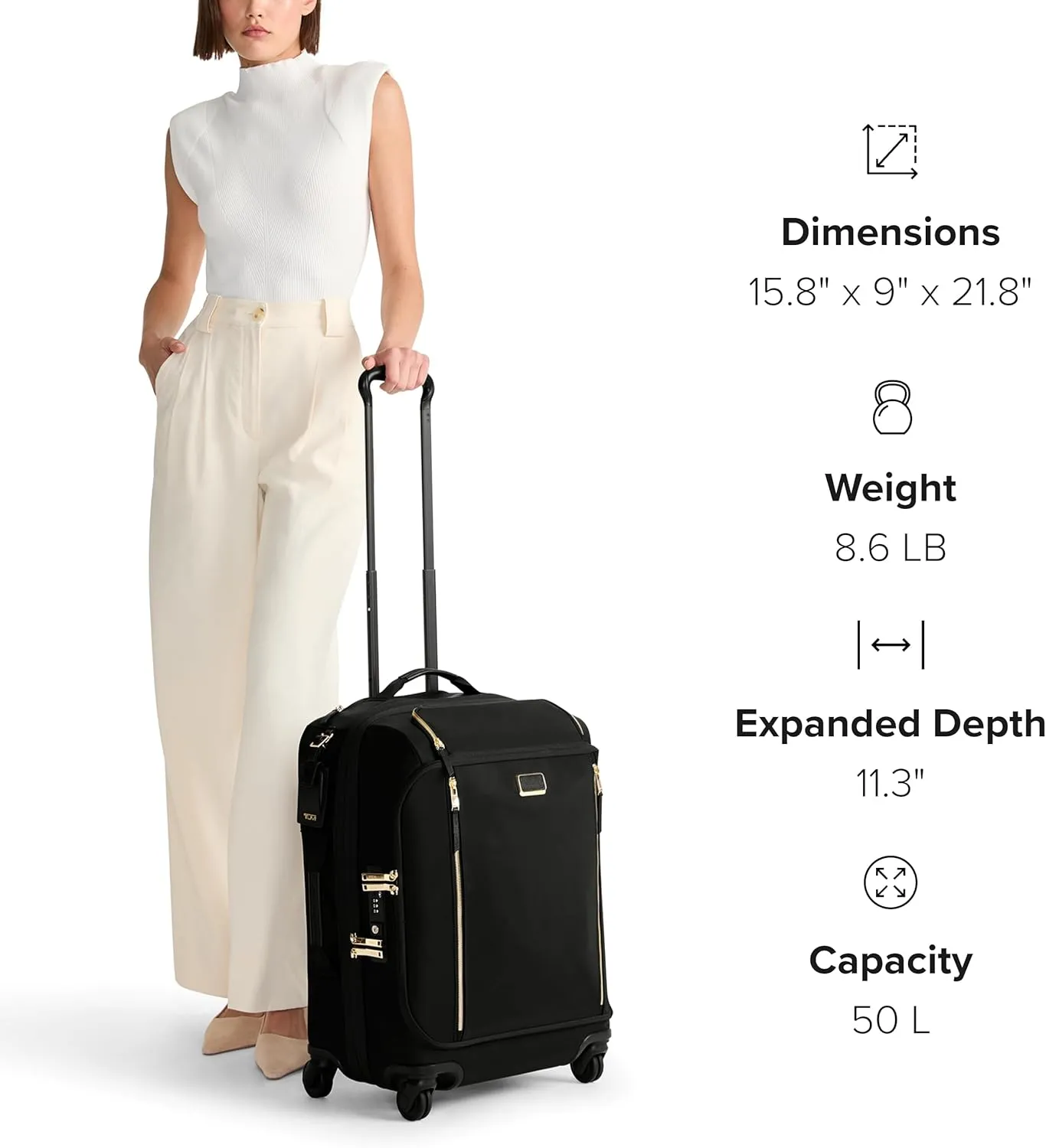 TUMI - Voyageur Leger 4 Wheel Carry-On Luggage - Lightweight and Spacious, Sleek Silhouette, Durable Women's Suitcase - 21.8" Continental Expandable Carry-On, Black with Gold Hardware