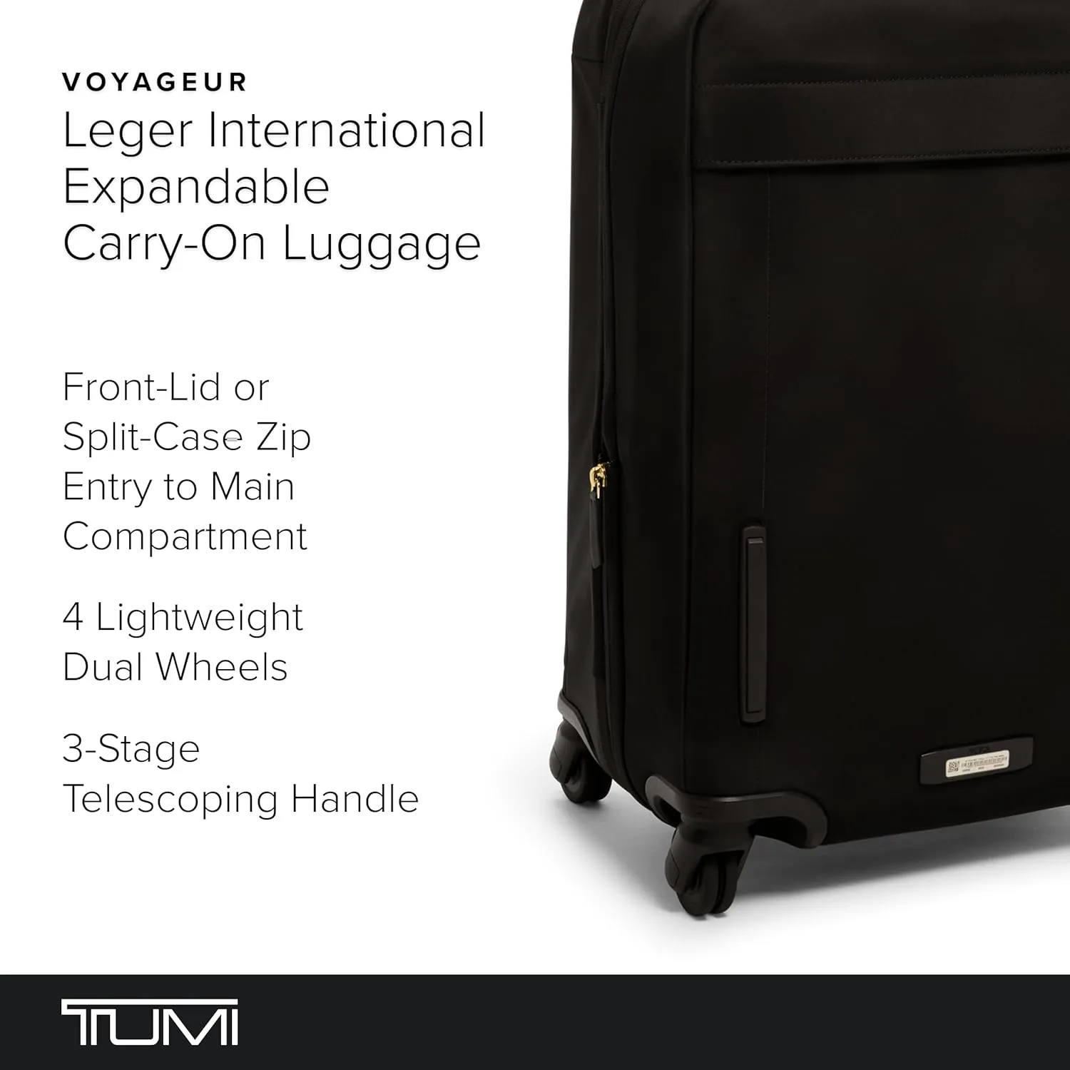 TUMI - Voyageur Leger 4 Wheel Carry-On Luggage - Lightweight and Spacious, Sleek Silhouette, Durable Women's Suitcase - 21.8" International Expandable Carry-On, Black with Gold Hardware
