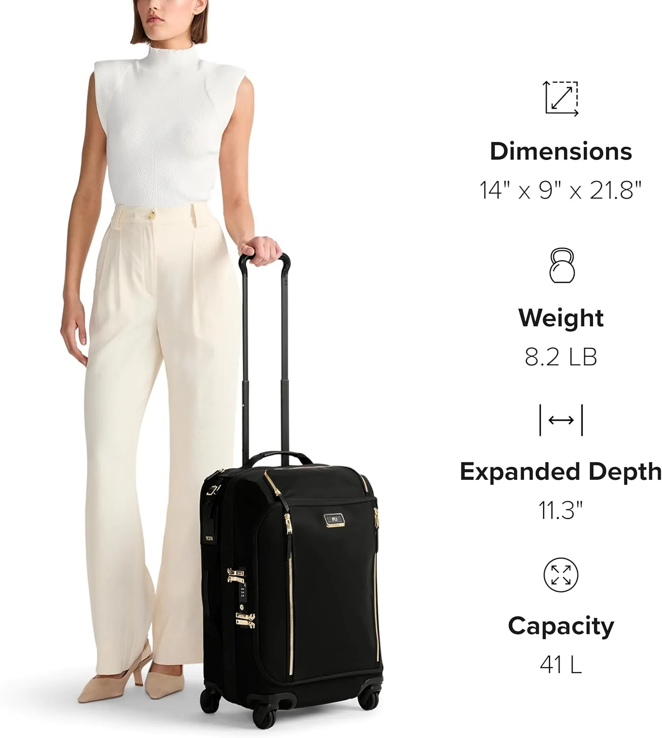 TUMI - Voyageur Leger 4 Wheel Carry-On Luggage - Lightweight and Spacious, Sleek Silhouette, Durable Women's Suitcase - 21.8" International Expandable Carry-On, Black with Gold Hardware