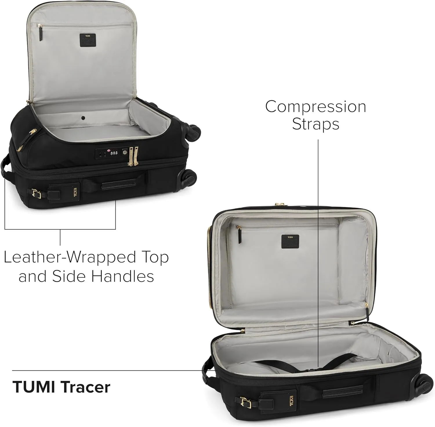 TUMI - Voyageur Leger 4 Wheel Carry-On Luggage - Lightweight and Spacious, Sleek Silhouette, Durable Women's Suitcase - 21.8" International Expandable Carry-On, Black with Gold Hardware