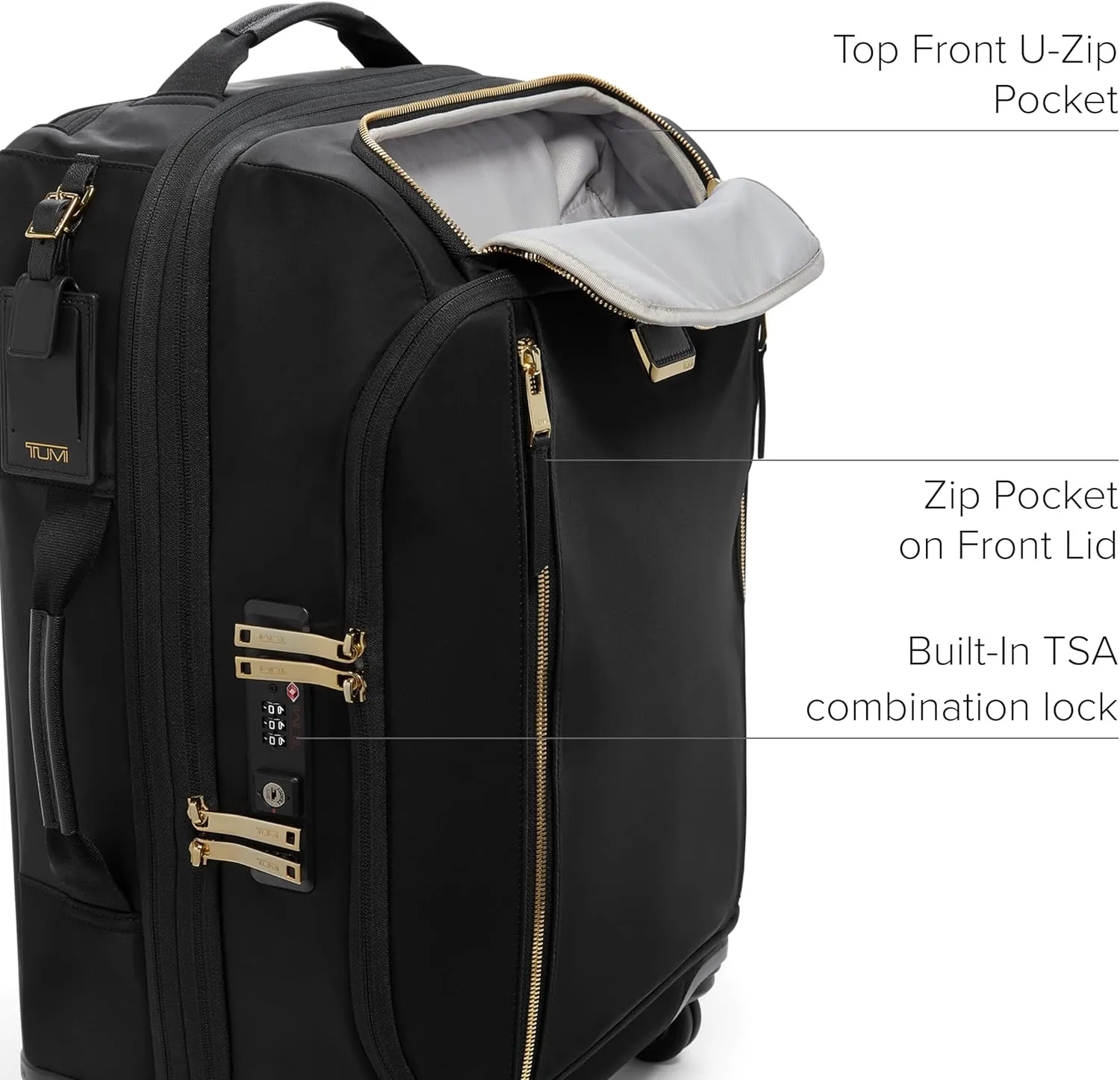TUMI - Voyageur Leger 4 Wheel Carry-On Luggage - Lightweight and Spacious, Sleek Silhouette, Durable Women's Suitcase - 21.8" International Expandable Carry-On, Black with Gold Hardware